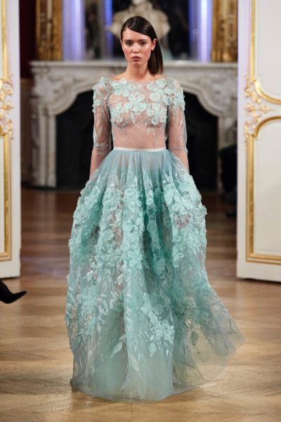 abito alta moda tulle azzurro fiori